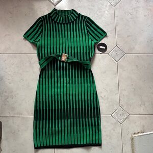 Chic Green and Black Striped Midi Dress